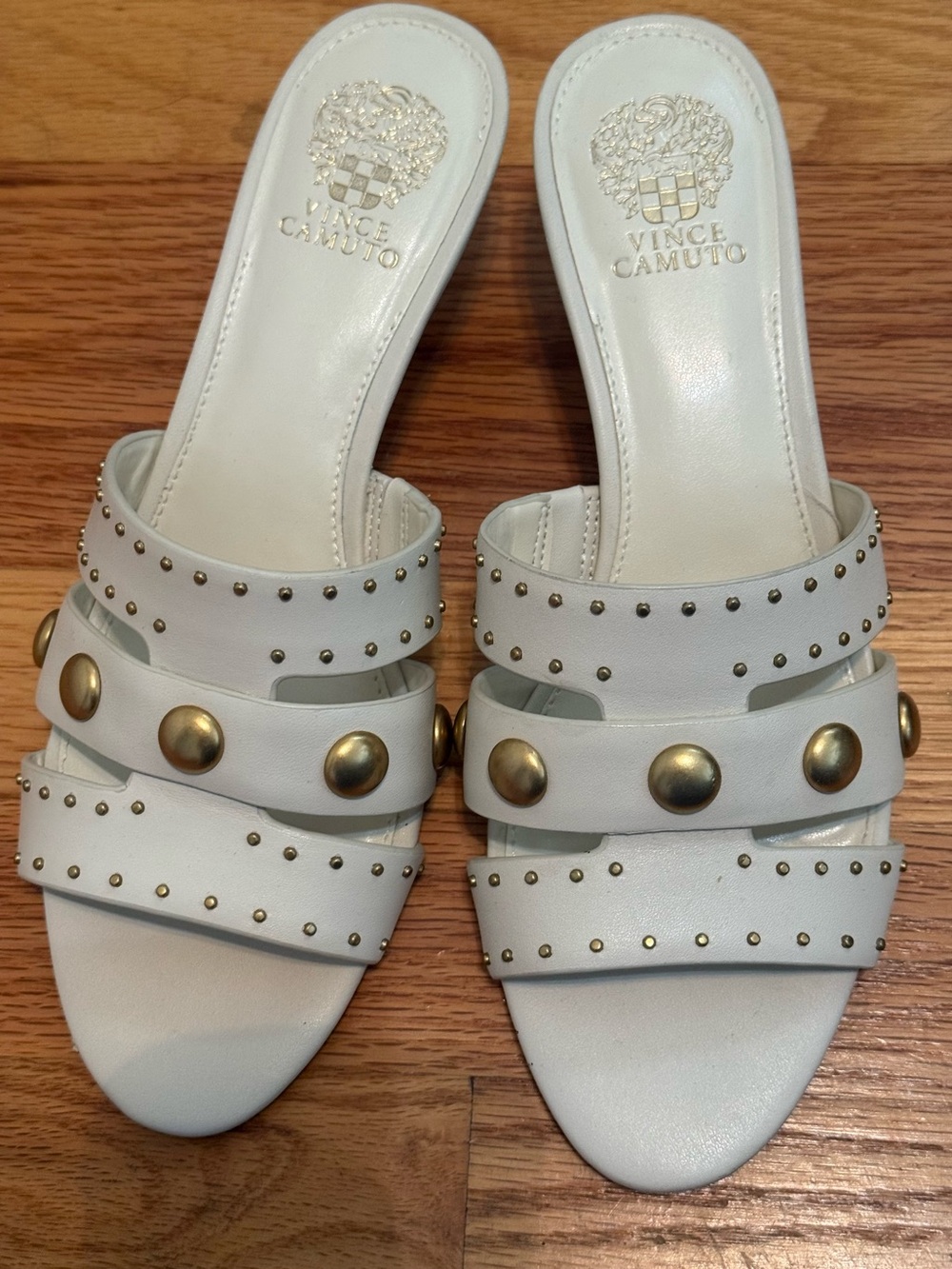 Vince Camuto White Leather Studded Slide Mules with Gold Accents